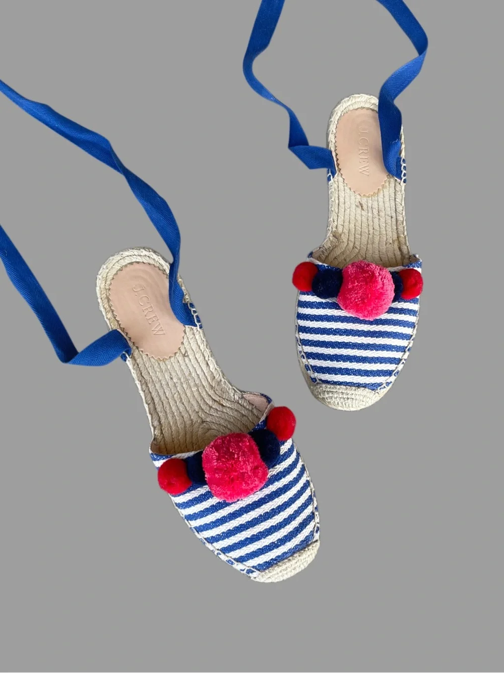 J. CREW Blue White Striped Canvas w/ Pink Pom Pom Ankle Wrap Espadrilles Flats